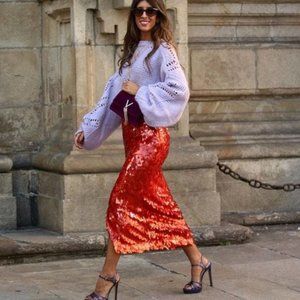 NWT ZARA Red Sequin Midi Skirt - Medium